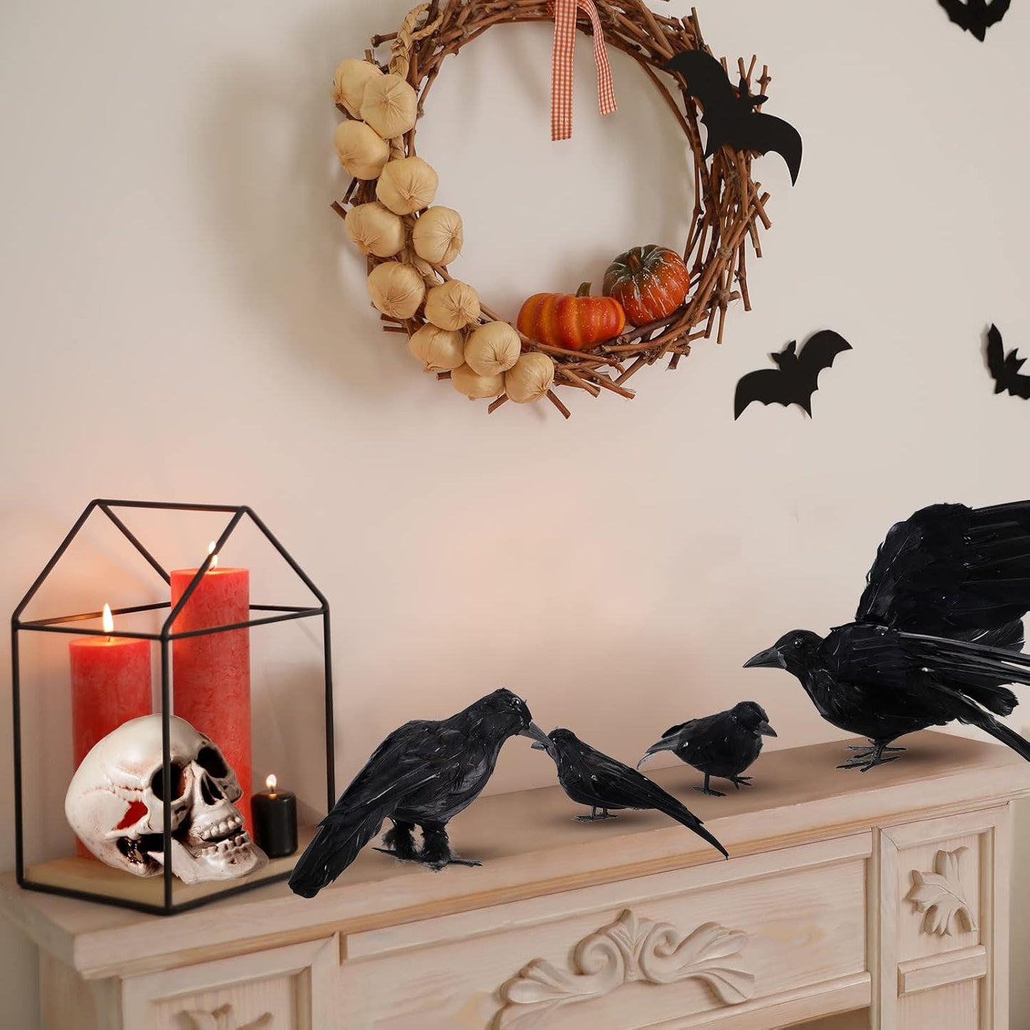 Yerliker 5 Pcs Halloween Black Feathered Crow and Skull Statue Set Handmade Realistic Crow Decor Spooky Plastic Fake Porch Decor for Halloween Decorations