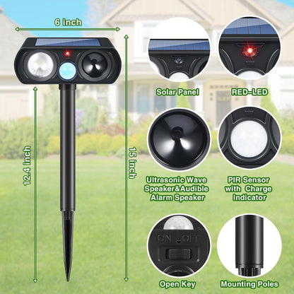 2Pack Solar Deer Repellent Device Ultrasonic Repellent Outdoor Solar Animal Repeller with LED Strober Light&Motion Sensor,2025 Cat Deterrent Outdoor to Scare Squirrel Raccoon Skunk Rabbit
