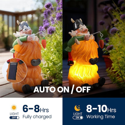 Garden Gnome Statue Highland Cow Gift,Yard Patio Balcony Outdoor Decor Solar Light Figurine, Christmas, Housewarming Gift,Idea Gift for Mom, Neighbor,Gnome Lover