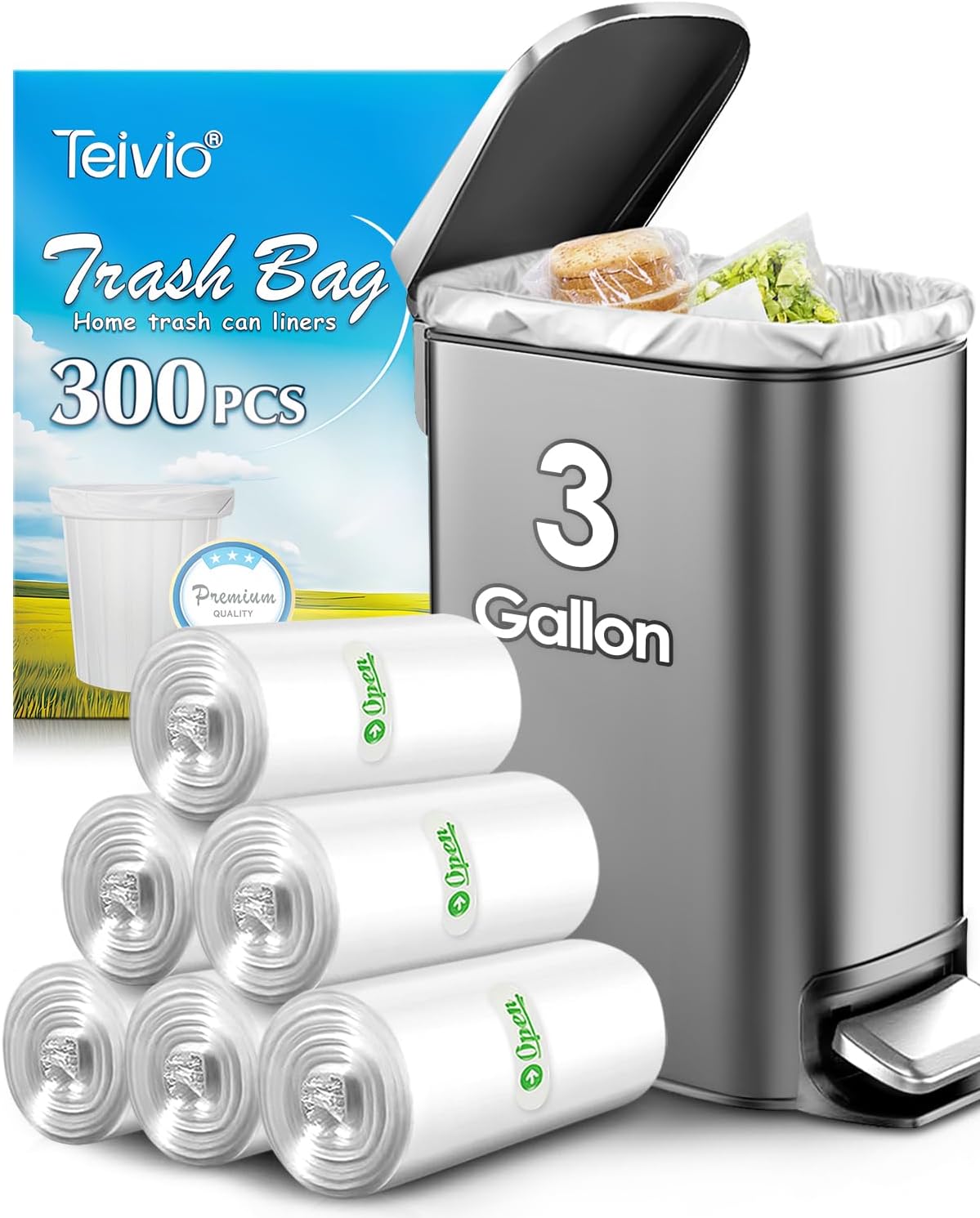 Teivio 3 Gallon 300 Counts Clear Trash Bags Garbage Bags, Mini Waste Basket Liners,Bathroom Trash Can Bin Liners, Small Plastic Bags for Home Office Kitchen Car Bedroom Dog waste Baby Diaper