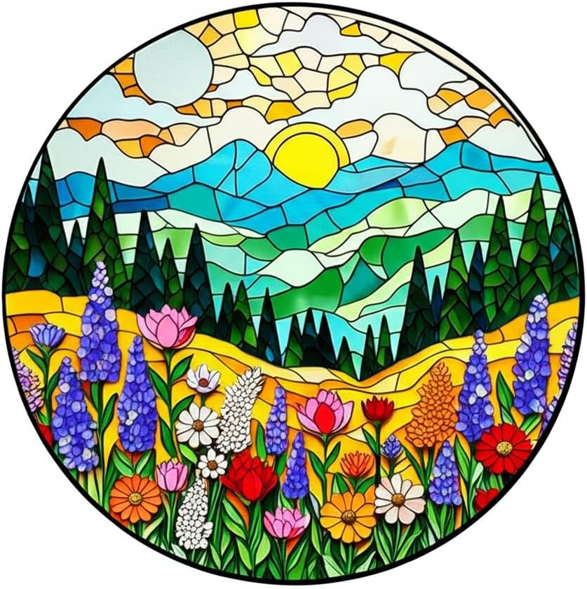Mountain Wildflower Stained Glass Suncatcher - 3.5" Floral Window Hanging with Safe Iron Frame, Chain & Suction Cup - Botanical Art Decor Gift for Women, Plant Lovers, Mom, Housewarming