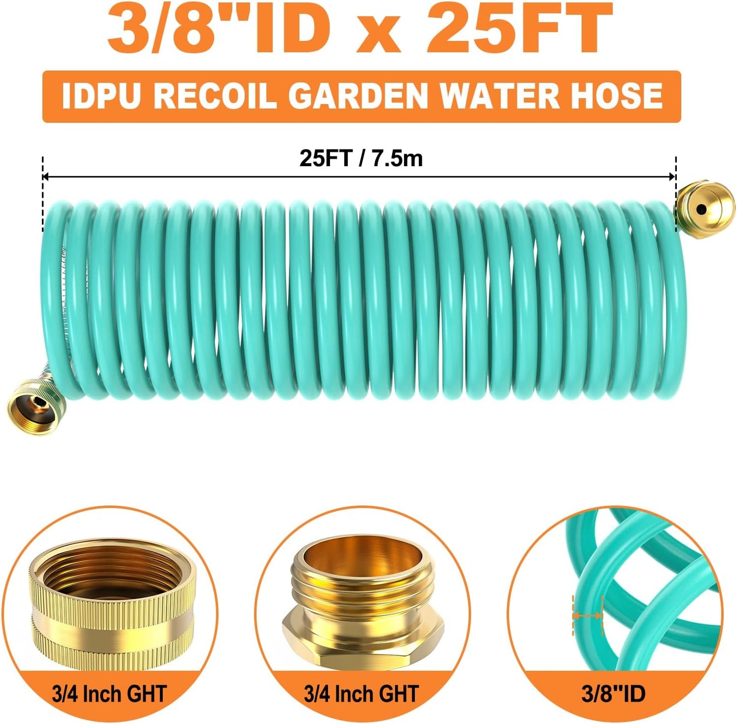 GASHER 25FT PU Recoil Garden Water Hose with 3/4"Inch Brass Fittings Retractable, Swivel Female for Boating, Pool & Spa, RV, Home and Garden（Blue)
