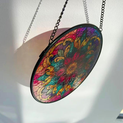Bohemian Mandala Stained Glass Window Hanging Sun Catcher Indoor Outdoor Home Garden Panel Hangings Gift for Kits Adults (Red)
