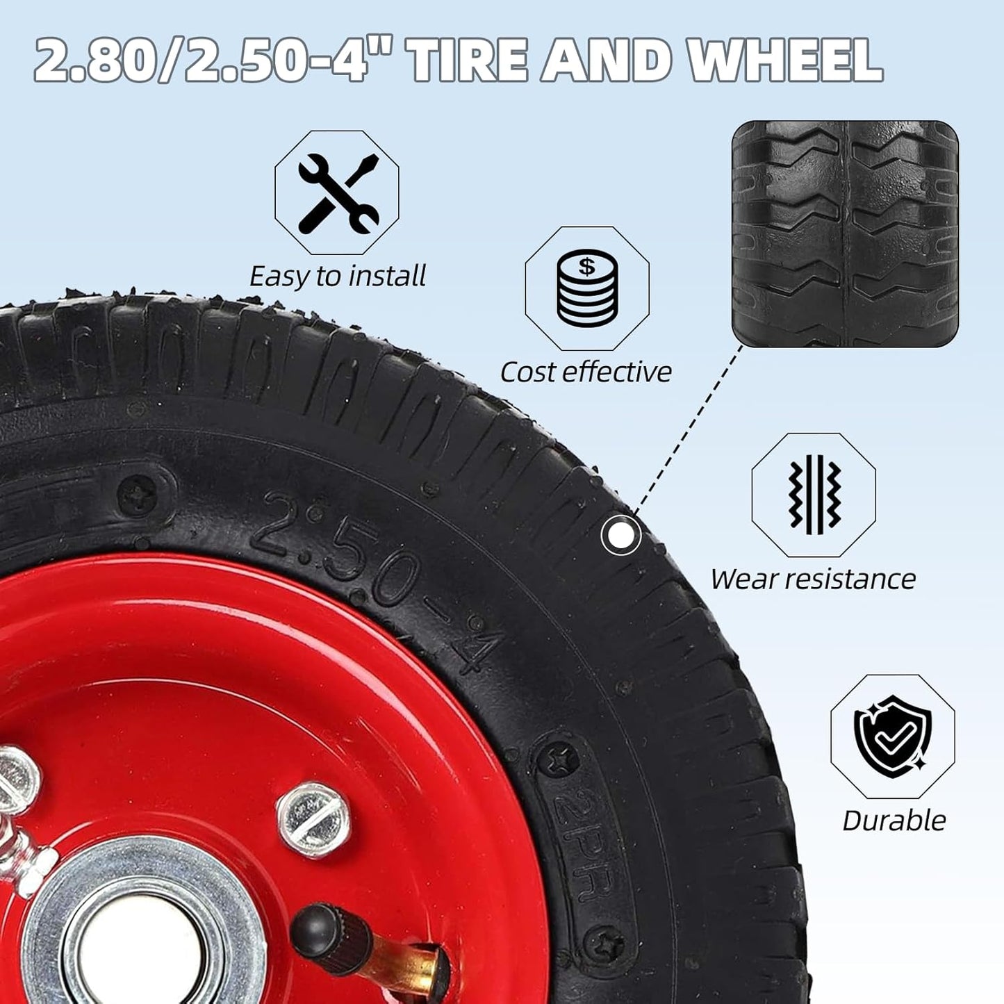 AR-PRO (2-Pack) 2.80/2.50-4" Tire and Wheel Set - 8 Inch Wheelbarrow Tire and Wheel Replacement with 3/4" Bearings and 3" Centered Hub - Extra Adapter kit includes 1/2" Bearings