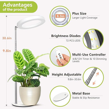 Desktop Grow Light, Height Adjustable Grow Lights for Indoor Plants Full Spectrum, 3 Lighting Mode, Halo Grow Light with Timer, Plant Lights for Indoor Growing (White)
