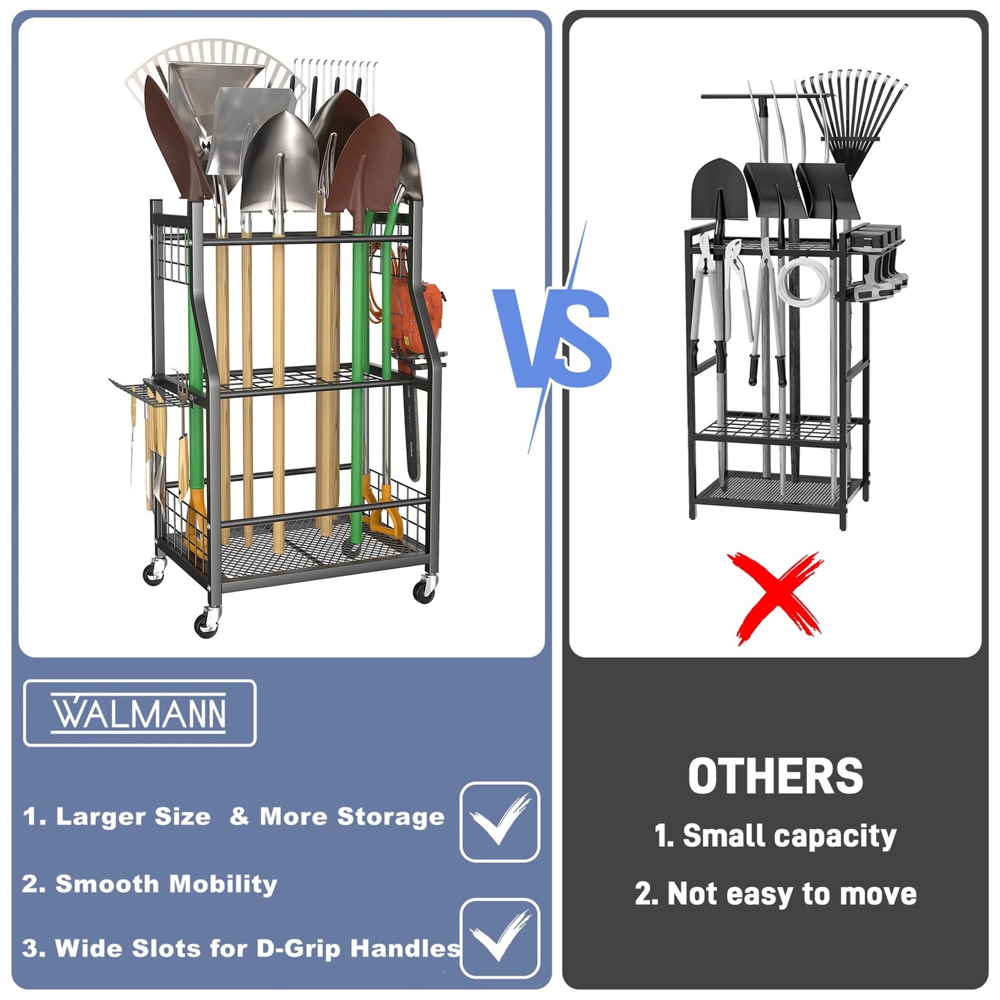 WALMANN Garden Tool Organizer with Wheels for Garage, Rakes/Shovels/Yard Tools Storage Stand for