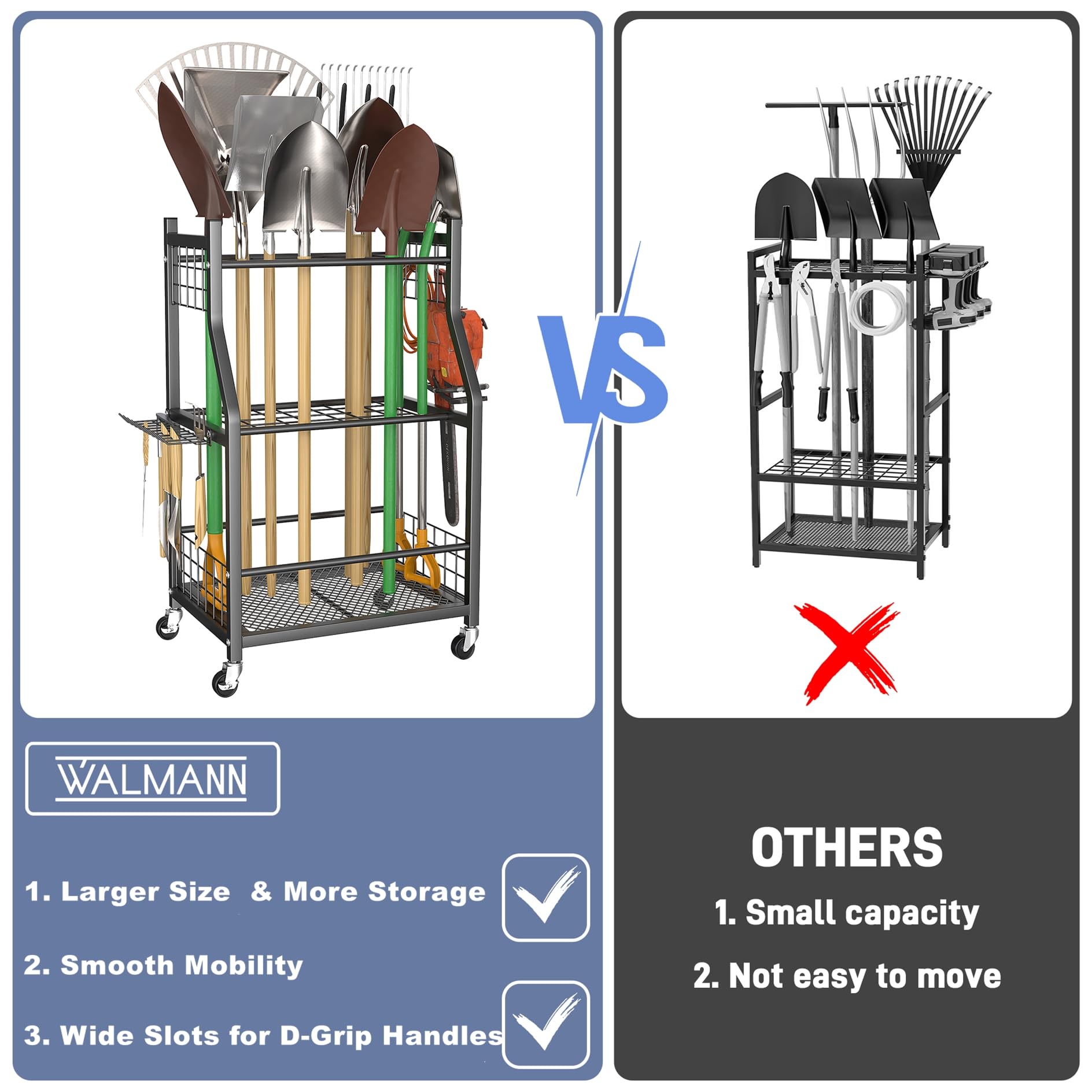 WALMANN Garden Tool Organizer with Wheels for Garage, Rakes/Shovels/Yard Tools Storage Stand for