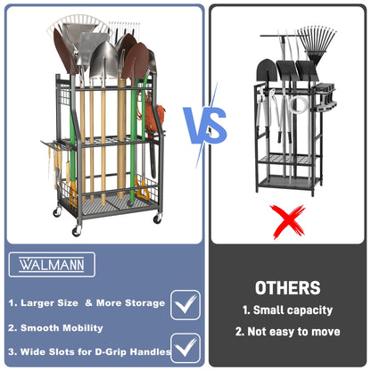 WALMANN Garden Tool Organizer with Wheels for Garage, Rakes/Shovels/Yard Tools Storage Stand for