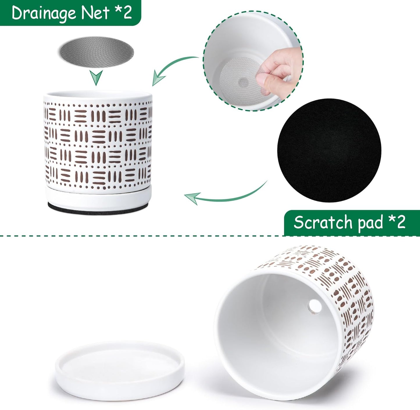 D'vine Dev Set of 2 Ceramic Planter Pots with Drainage Hole and Saucer, 6 Inch Plant Pots for Plants Indoor Houseplants, White, 99-Z-F-1-Y