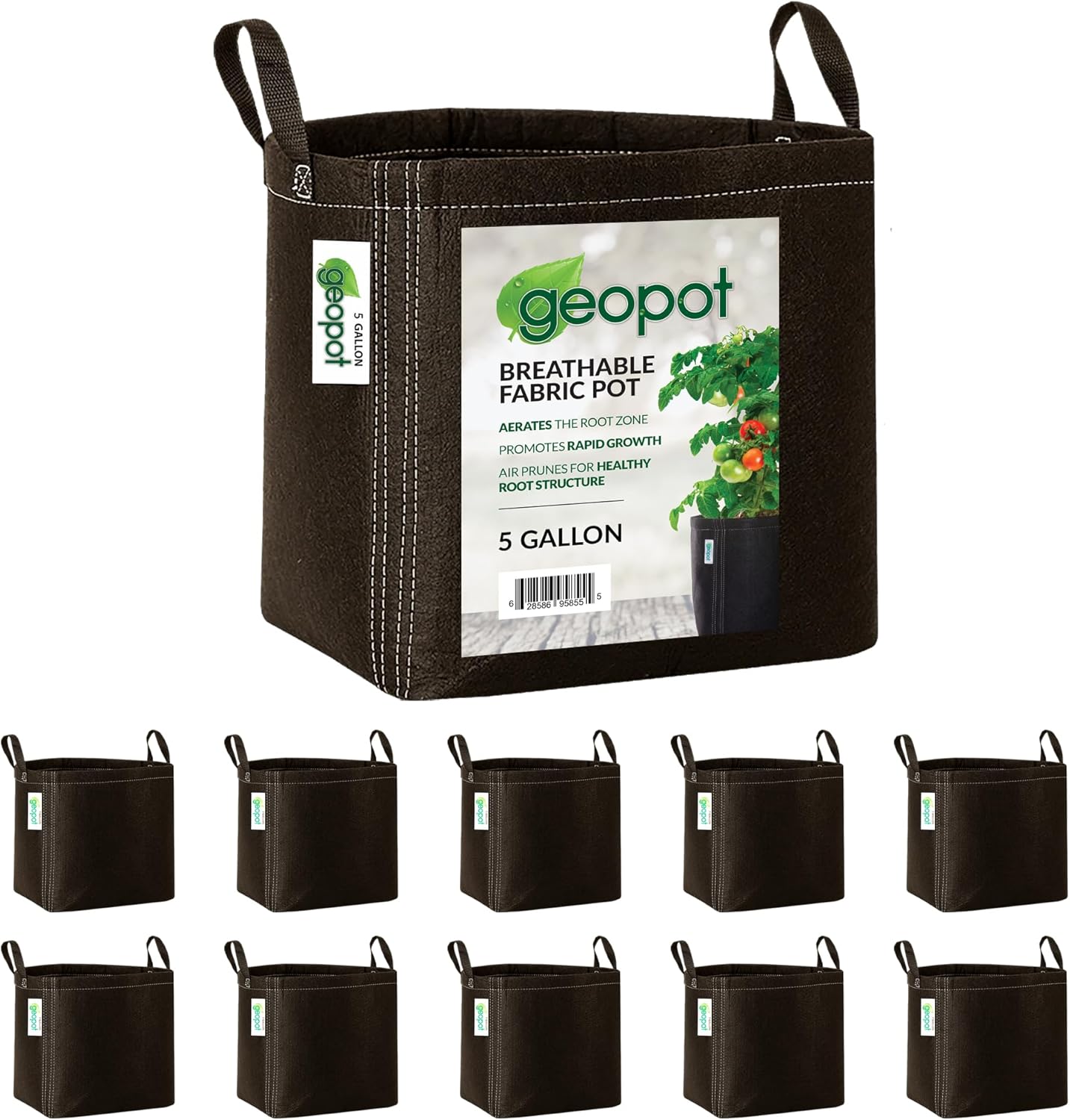 GeoPot 5 Gallon Fabric Grow Bags with Handles for Vegetables, Houseplants, Herbs & Flowers | 10-Pack | Fabric Pots for Outdoors and Indoors, Aerated Fabric Grow Bags