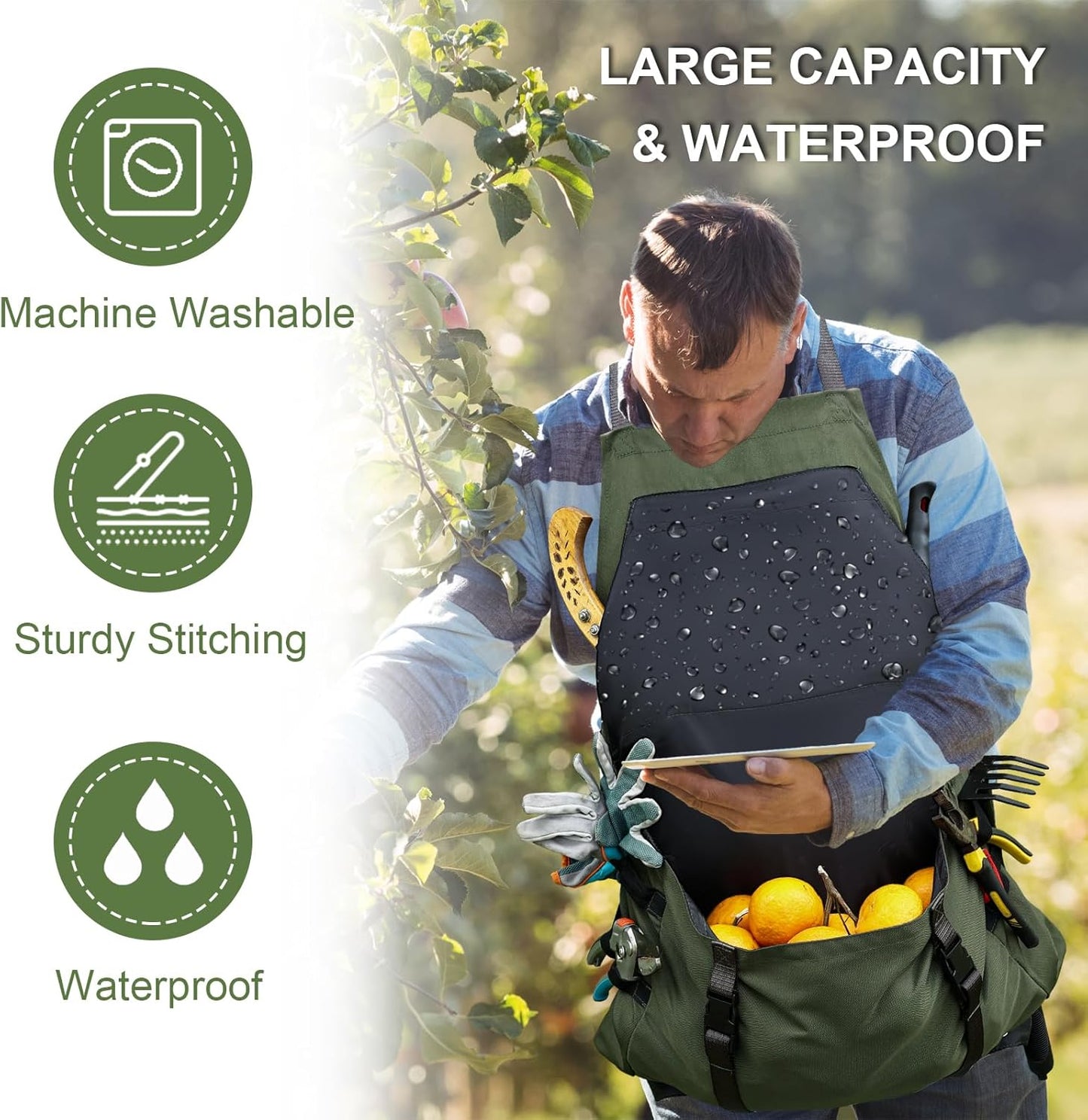Extra Size Gardening Apron Waterproof Cross Back Apron Women, 600D Polyester Heavy Duty Men Apron Harvest Bag