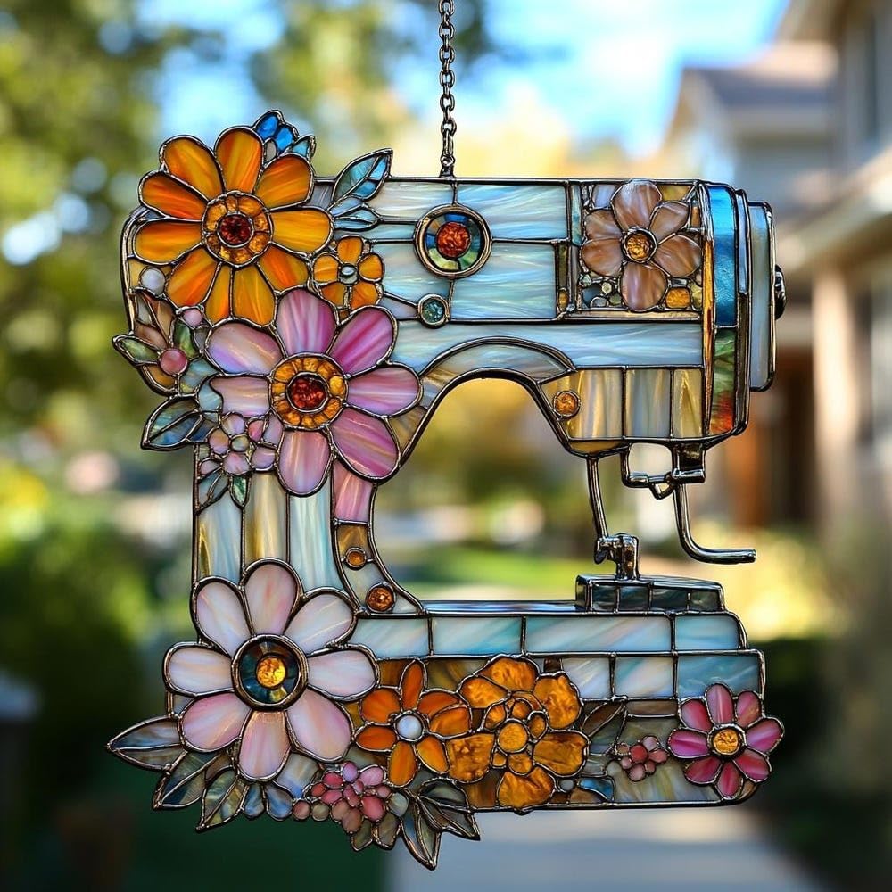 Vintage Sewing Machine Acrylic Suncatcher Stained Glass Effect Window Car Hanging Christmas Ornament Indoor Outdoor Decor Garden Sun Catcher Panel for Sewing Lover for Women Mom Grandma