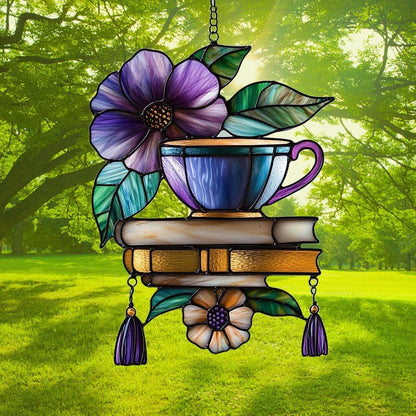 Hibiscus Tea Cup and Books Acrylic Suncatcher Stained Glass Effect Window Car Hanging Christmas Ornament Indoor Outdoor Decor Garden Sun Catcher Panel for Book Lover for Women Mom Grandma