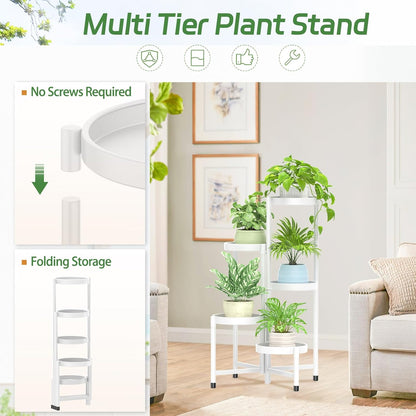 iDavosic.ly Plant Stand Indoor Outdoor, 5 Tier Corner Metal Flower Display Holder Shelf, Folding Tall Orchid Rack for Patio Balcony Porch Garden Living Room House, White
