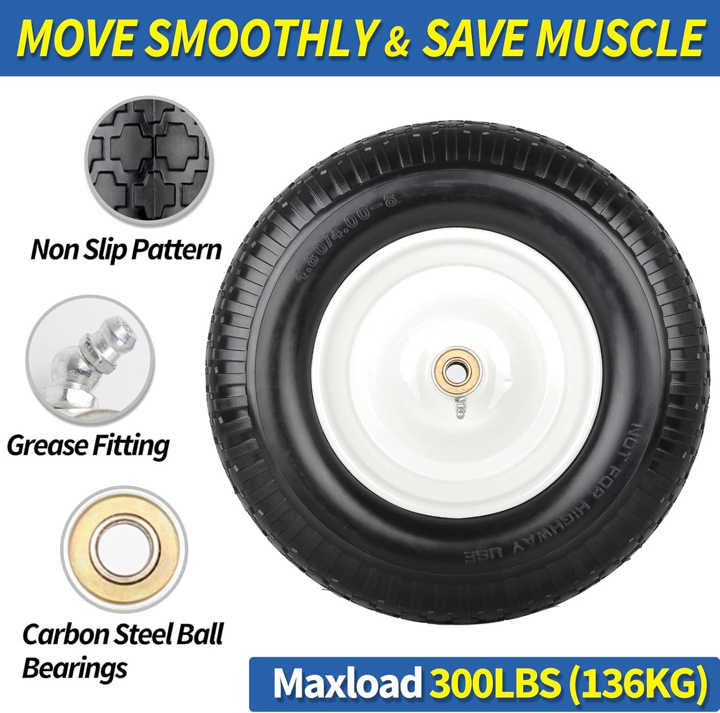 4.80/4.00-8" Flat-Free Tire and Wheel 16" Solid Wheelbarrow Tire, 6" Centered Hub, 5/8" Axle Bore Hole for Wheel Barrow Garden Utility Cart Replacement