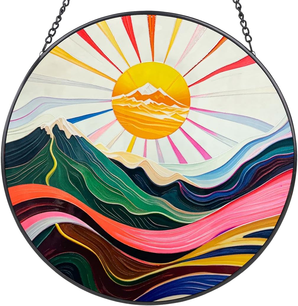 Mountains & Sun Stain Glass Window Hanging, 8 in Sun Catchers Indoor Window UV-Print Stained Glass Windows Hanging Boho Wall Art Decor with Chain, Gifts for Fathers Day, Mom, Dad, Son, Daughter