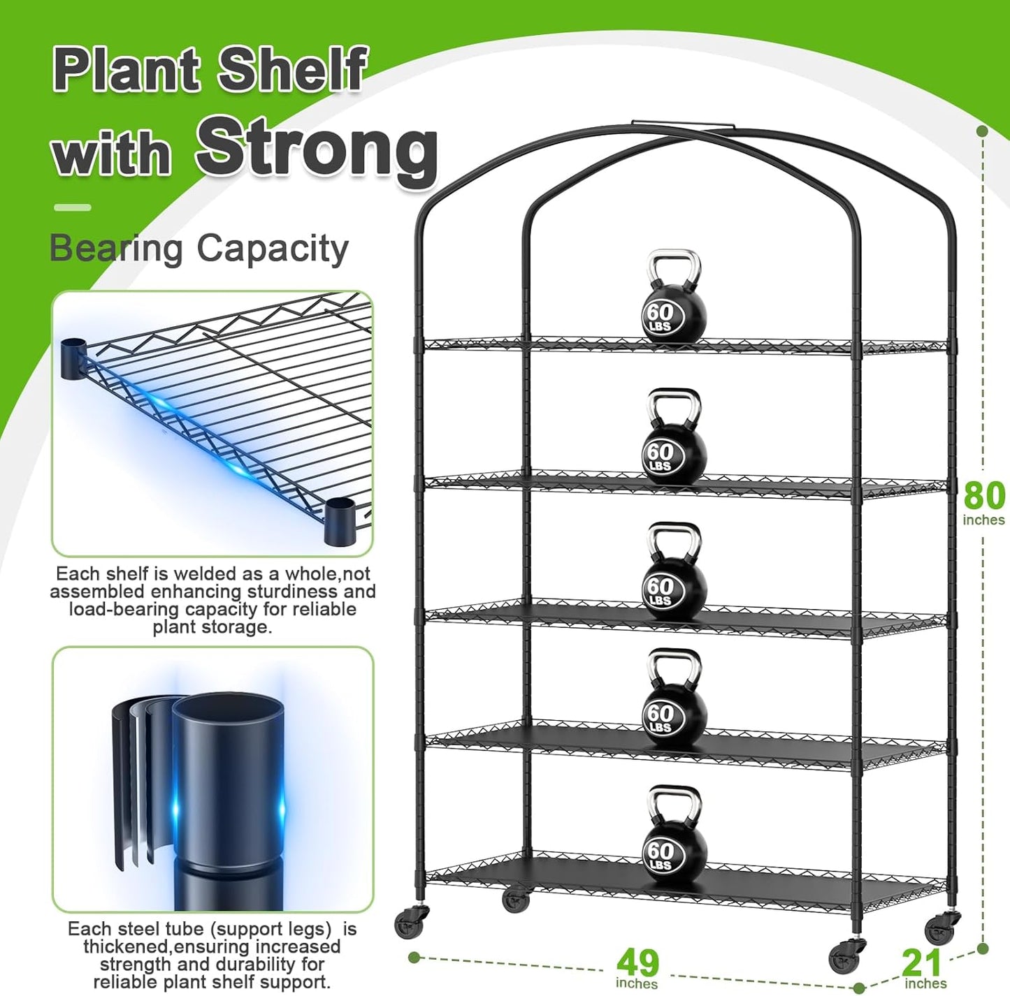 Abimars 5-Tier Greenhouse with Grow Light, Shelf Height Adjustable Metal Plant Shelf with PVC Cover and Wheels, Includes 5-Pack 2900K Full Spectrum Plant Lights, 21x49x80inch