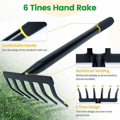 Garden Tool Set, 2 Piece Heavy Duty Gardening Hand Tools with Comfortable Handle, Including Garden Trowel and 6-Tine Rake, Durable Gardening Gift for Kids Men Women