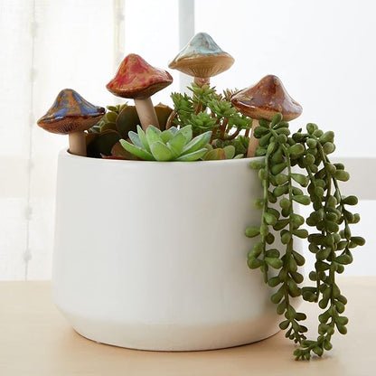 Juvale 4 Pack 5-inch Ceramic Mushroom Plant Garden Ornament and Decor - Outdoor Decoration Stakes for Planter Pots