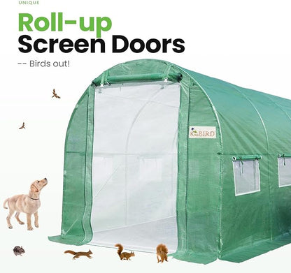 KING BIRD Premium 15x6.6x6.6FT Greenhouse for Outdoors, Large Walk-in Upgraded Galvanized Metal Frame, Mesh Door Screen Window Improved Zipper Tunnel Hoop for Garden Plant Winter, Green