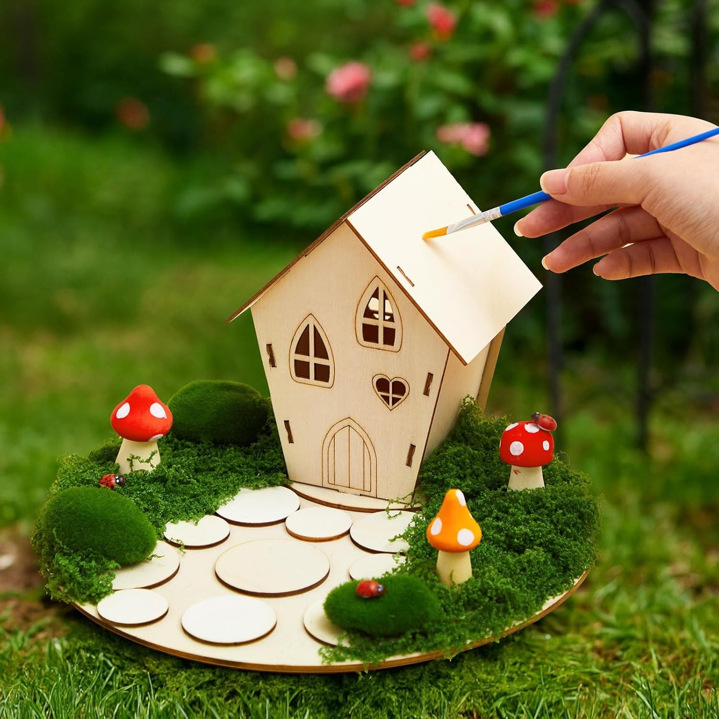 Kathfly 8 Sets Wooden Fairy House Craft Kit, Fairy Garden Kit with Paints & Decorations, Unpainted Miniature Accessories for Home Event Party Decor, Arts Crafts Birthday Gift