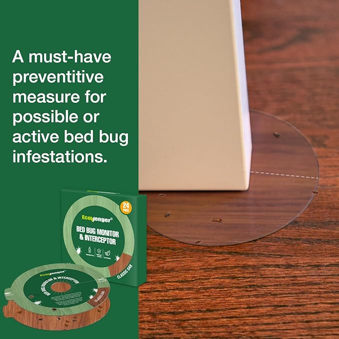 EcoVenger Bed Bug Monitor & Interceptor Super Glue Traps 48 Ct, Discreet Floor Color Classic Oak, Blocks Bed Bugs' Access to Beds/Futon/Couch, for Hard Floor, New Upgraded Version Easier to Peel & Use