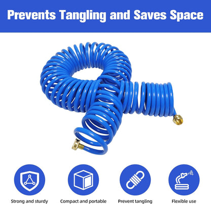 Coil Hose,3/8" EVA Coil Garden Hose 25 FT,Curly Water Hose Lightweight with Brass Connectors,Recoil Garden Hose Includes 8-Pattern Spray Nozzle for Boat, Yard, Patio, Green