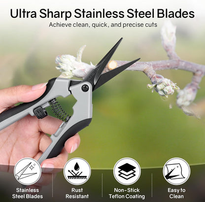 6.5" Ultra Sharp Pruning Shears - Professional Garden Scissors with Curved Stainless Steel Blades, Ergonomic Handle, Rust Resistant, Safety Lock, Trimming Scissors for Plants in Grow Tents, 2-Pack