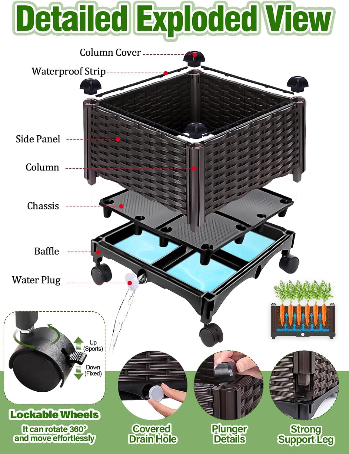 Kalolary 170CM Raised Garden Bed with Metal Trellis, Large Plastic Planter Box with Drainage Hole on Wheels Tomato Planters Climbing Trellis Outdoor Indoor for Climbing Plants Vegetable Flowers Vine