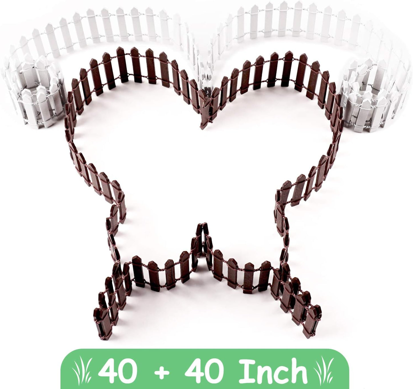Miniature Wood Picket Fence - 2 Pcs DIY Brown and White Fence with Gate, 40 Inch Long for Fairy or Dollhouse Garden