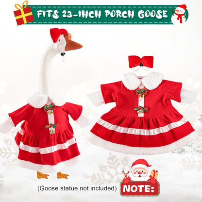 Christmas Mrs. Claus Porch Goose Outfit Dresses Clothes for 23" High Cement or Plastic Porch Goose Costume for Outdoor Patio Garden Statue Xmas Santa Holiday Decor