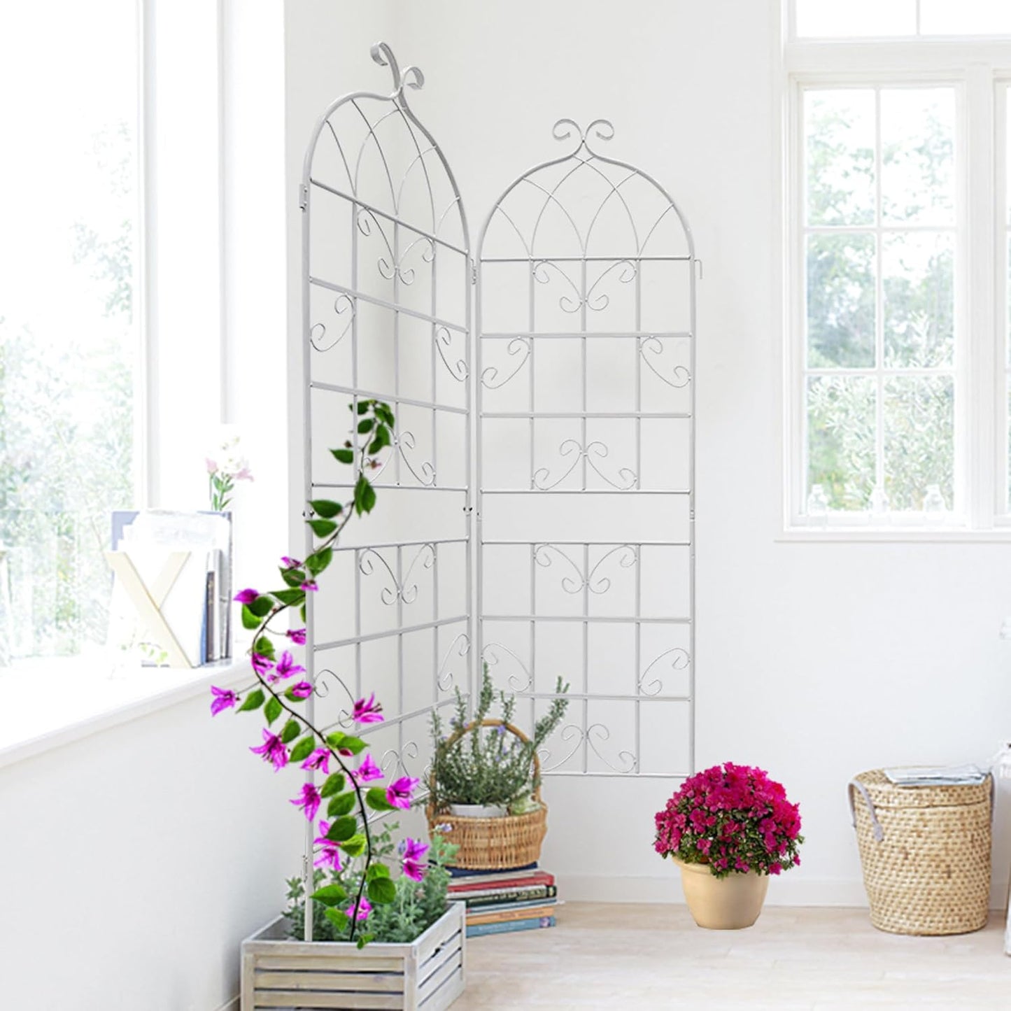 Metal Garden Trellis Rustproof Trellis for Climbing Plants Outdoor Flower Support Butterfly Deco (Cream White-2 Pack, 71"x19.7")