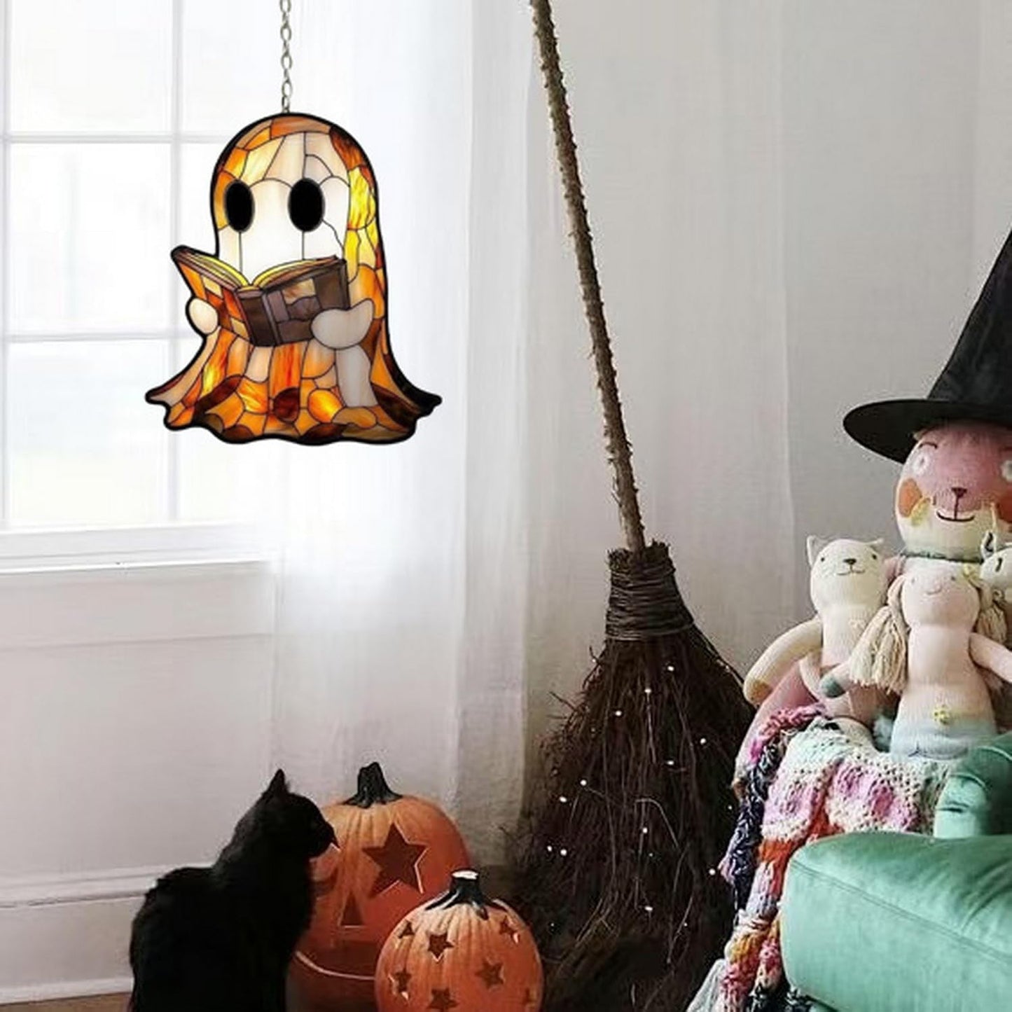 7.8inch Cute Ghost Suncatcher,Acrylic Suncatchers Reading Books Ghost Decor，Indoor Sun Catcher Windw Hanging，Halloween Stained Glass Decor for Room Family Wall Party