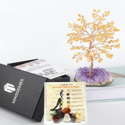 Natural Citrine Crystal Tree Amethyst Geode Base,Chakra Balancing Feng Shui Bonsai Money Tree Positive Energy Home Decor for Luck and Wealth 5.5"-6.3"