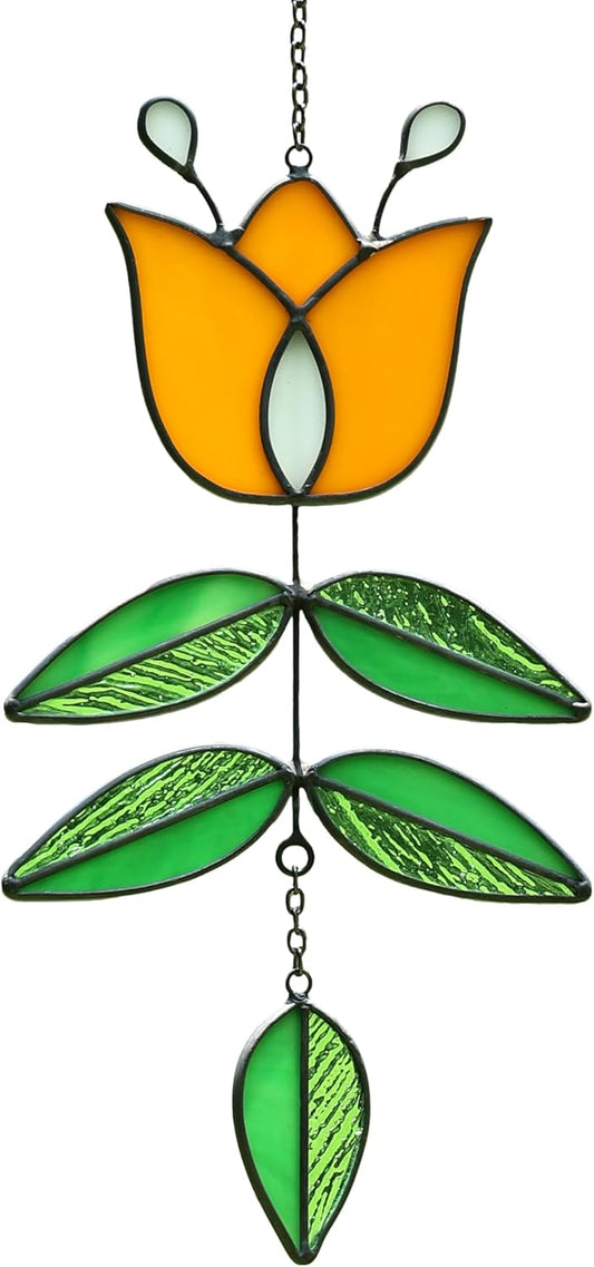 Tulip Stained Glass Suncatcher, Folk Flower Stained Glass Window Hanging Sun Catcher, Retro Home