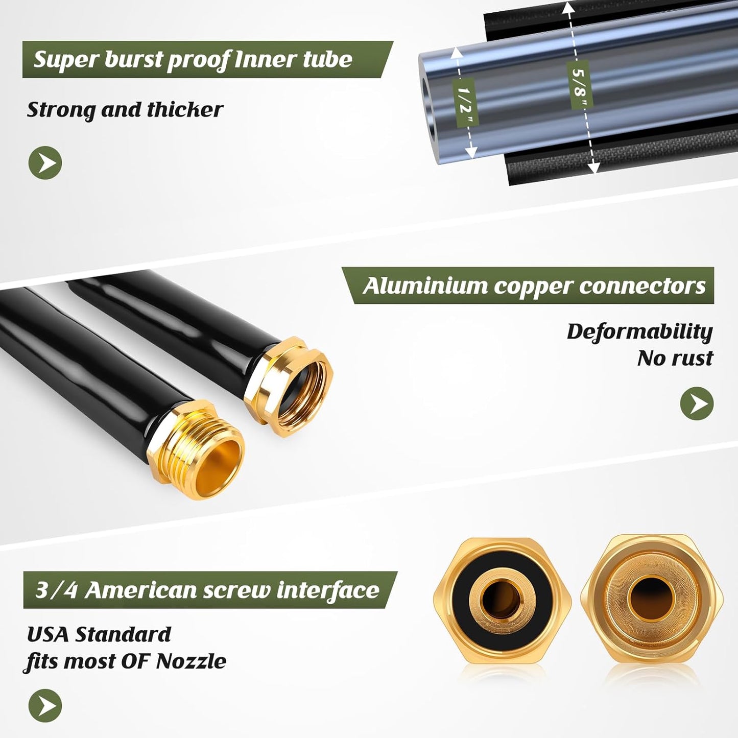 Non-Expanding Garden Hose 50FT, Lightweight & DurableWater Hose, No-Kink, Tough & Flexible Hose, Crush-Proof for Yard, Lawn, Outdoor, Car Wash, Marine and Camper