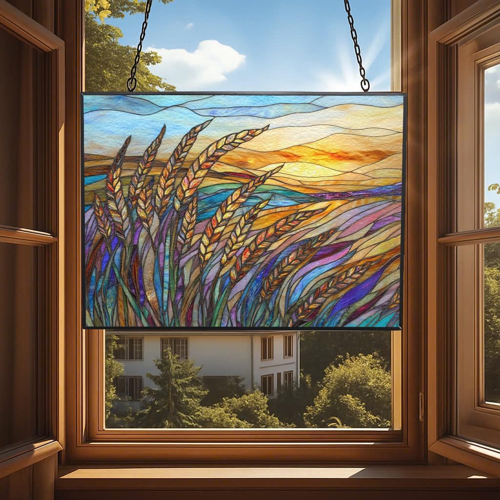 Personalized Rectangle Art Nouveau Swaying Wheat Field Stained Glass Window Hanging, Stained Glass Window Decor Suncatcher for Women, Perfect Home Décor