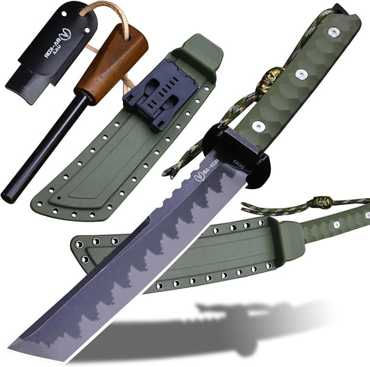 BA-KOR 15.8in Full Tang Japanese Style Outdoor Knife –8mm DC53 Steel, Nylon Fiber Handle &Sheath, Hunting Survival Knife+(5.9in) cerium igniter (Green handle and black blade (8mm))