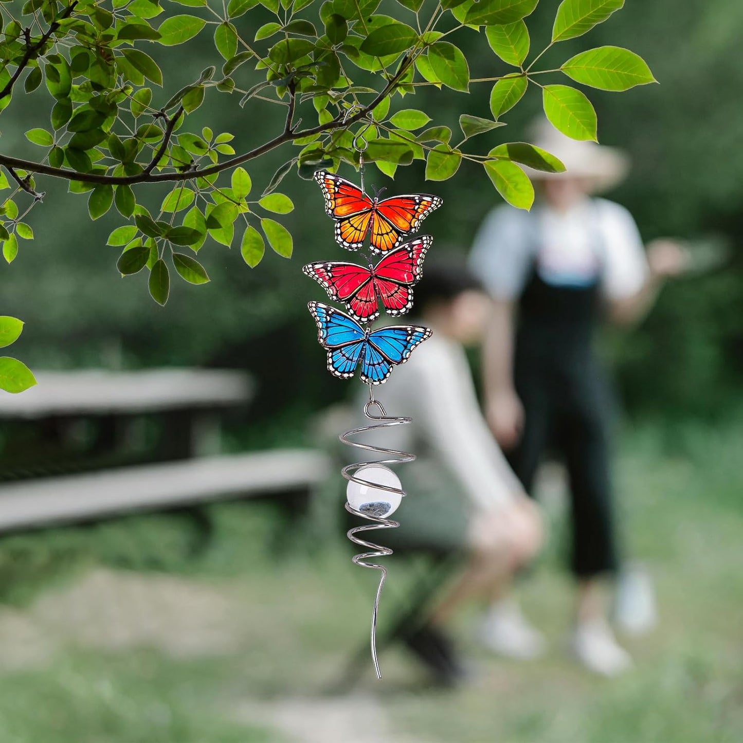 18" Wind Spinner Hanging Metal Figurine Spinner with Glass Ball for Garden Décor, Wind Sculptures & Spinners for Indoor Outdoor Garden Ornament, Butterfly