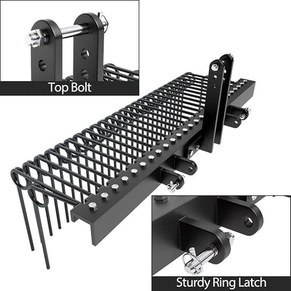 60" Durable Powder Coated Steel Pine Straw Rake, Steel Spring Landscape Rake for Leaves, Pine Needles, Straw, and Grass Attaches to Cat 0 Cat 1,3 Point Hitch Tractor, Black