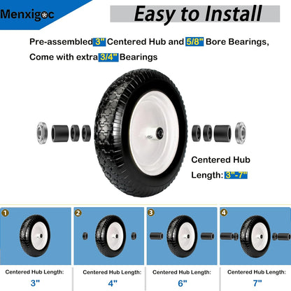 4.80/4.00-8 Tire, 14.5" Tire and Wheel Flat Free, 5/8" Bore Bearing with 3/4" Extra Bearings, 3" Centered Hub - Universal for 4.80-8 4.00-8 4.00-6 3.50/3.00-8 Wheelbarrow Tires