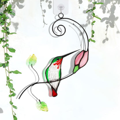 Handmade Stained Glass Hummingbird Suncatcher, Window Hanging Ornament with Flower Design, Indoor Outdoor Garden Decor