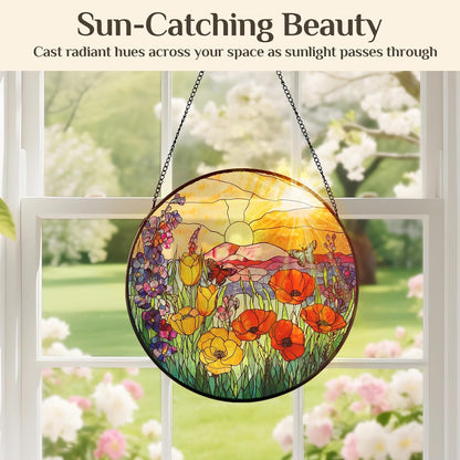 Stained Glass Window Hanging Sunrise Suncatcher, Renyalora 10 Inch Round Wildflower Glass Sun Catcher for Window Wall Art for Home, Patio, Porch, Outdoor Garden Décor Gift for Nature Lovers & Women