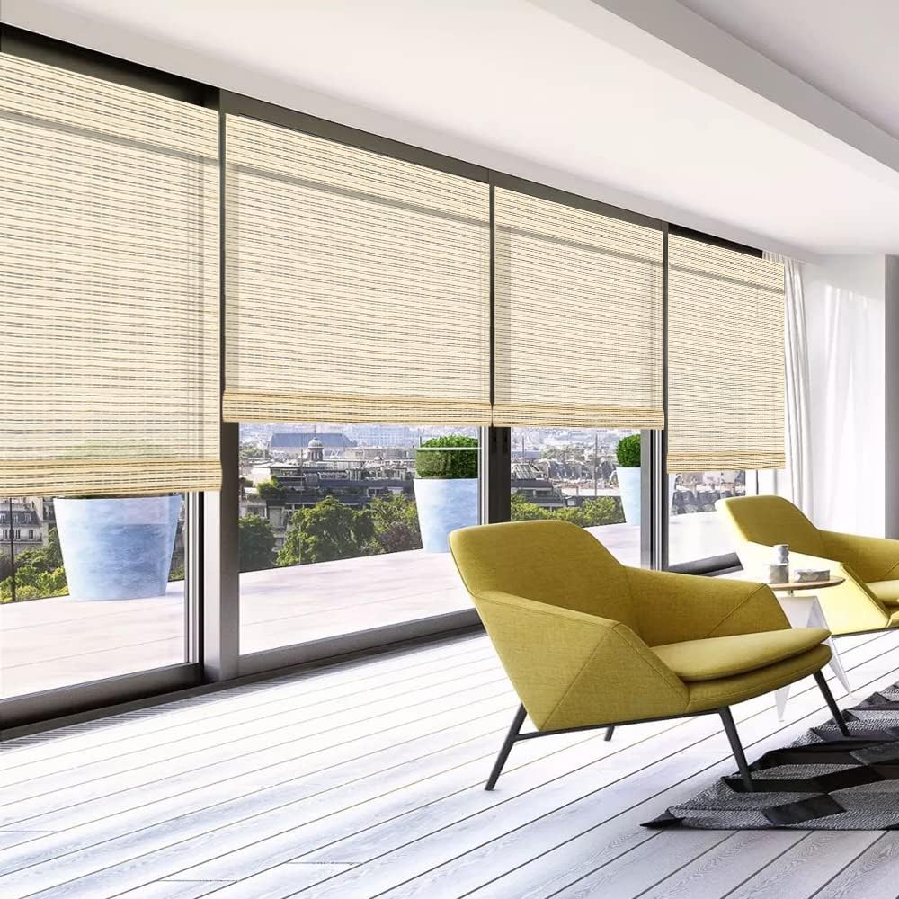 LETAU Cordless Wood Window Roller Shades, Bamboo Light Filtering Window Blinds for Indoor Home, Office, Kitchen, Pattern 7