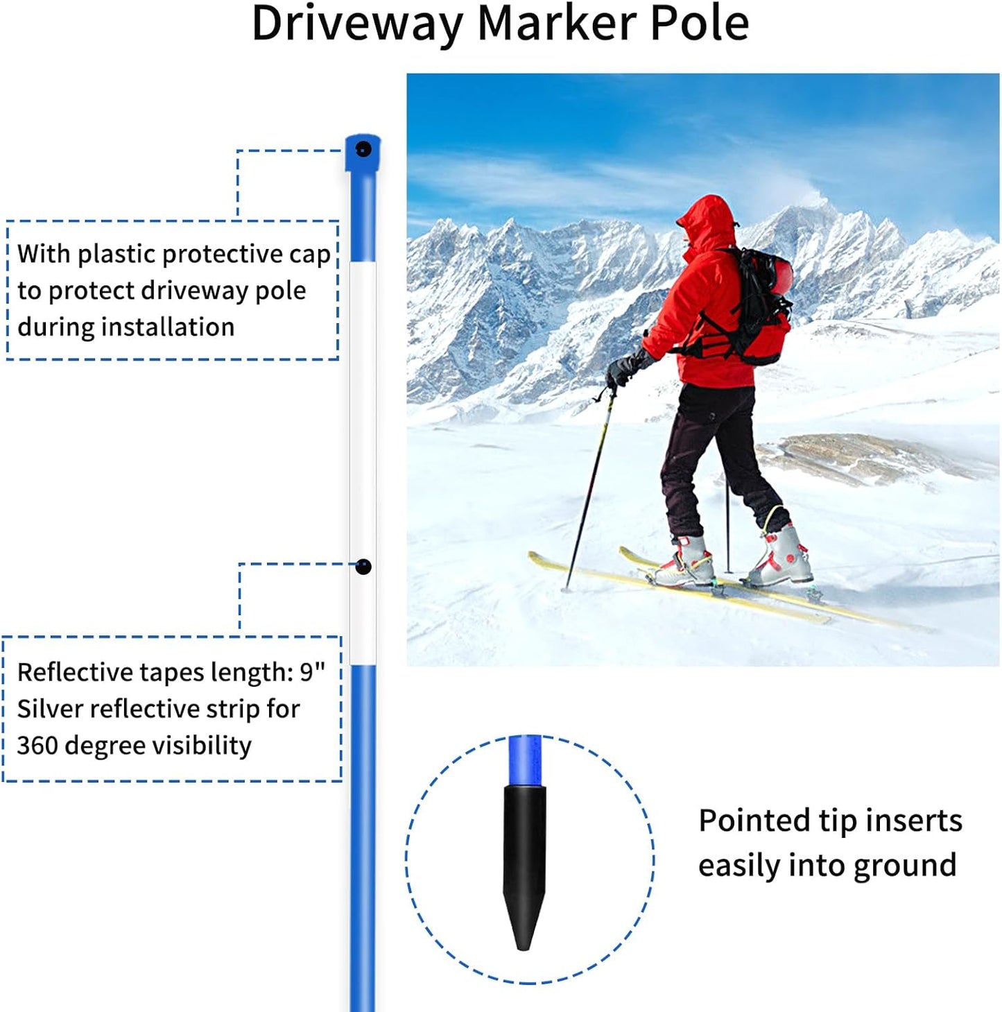 Driveway Markers Snow Stakes 48 inch Blue Plow Stakes Reflective Fiberglass, Pack of 25 for Parking Lots, Walkways