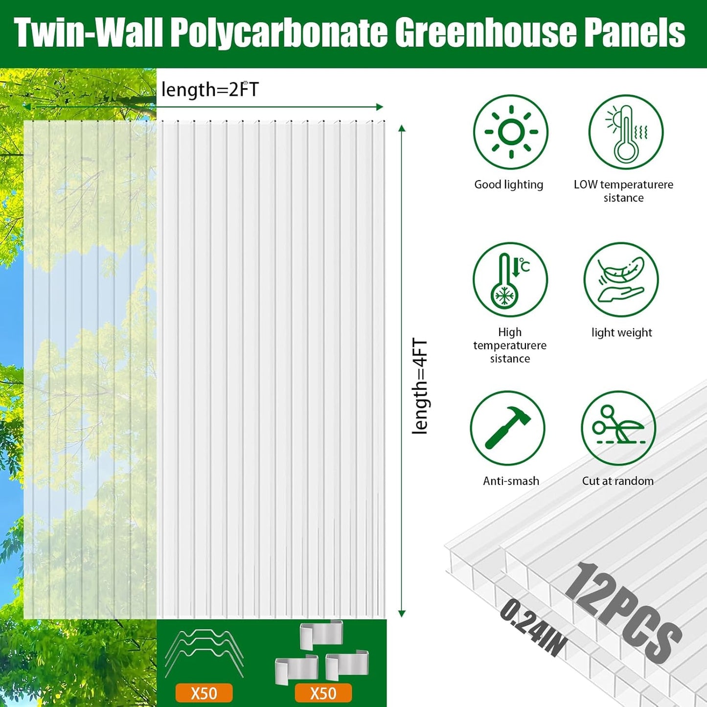 Polycarbonate Greenhouse Panels 12 Pack 4' x 2' x 0.24" Twin-Wall UV-Protected All Weather Plastic Roof Panel Clear Replacement Sheets for Garden Fences, Furniture DIY,Outdoor Roofing