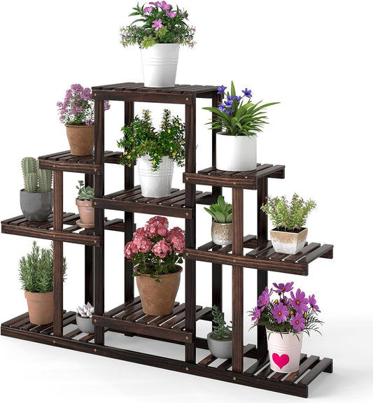 COSTWAY 6-Tier Multifunctional Wood Flower Stand, Shelf Holder for Multiple Plants, Freestanding Plant Rack for Garden, Patio, Balcony, Living Room, Indoor, Outdoor