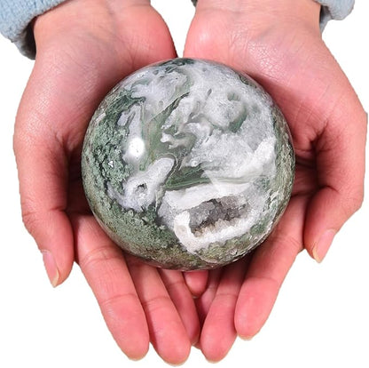 Large Moss Agate Crystal Sphere Natural Healing Crystal Ball with Stand Meditation Decorative Balls Home Decor 80-90mm/3.1-3.5"