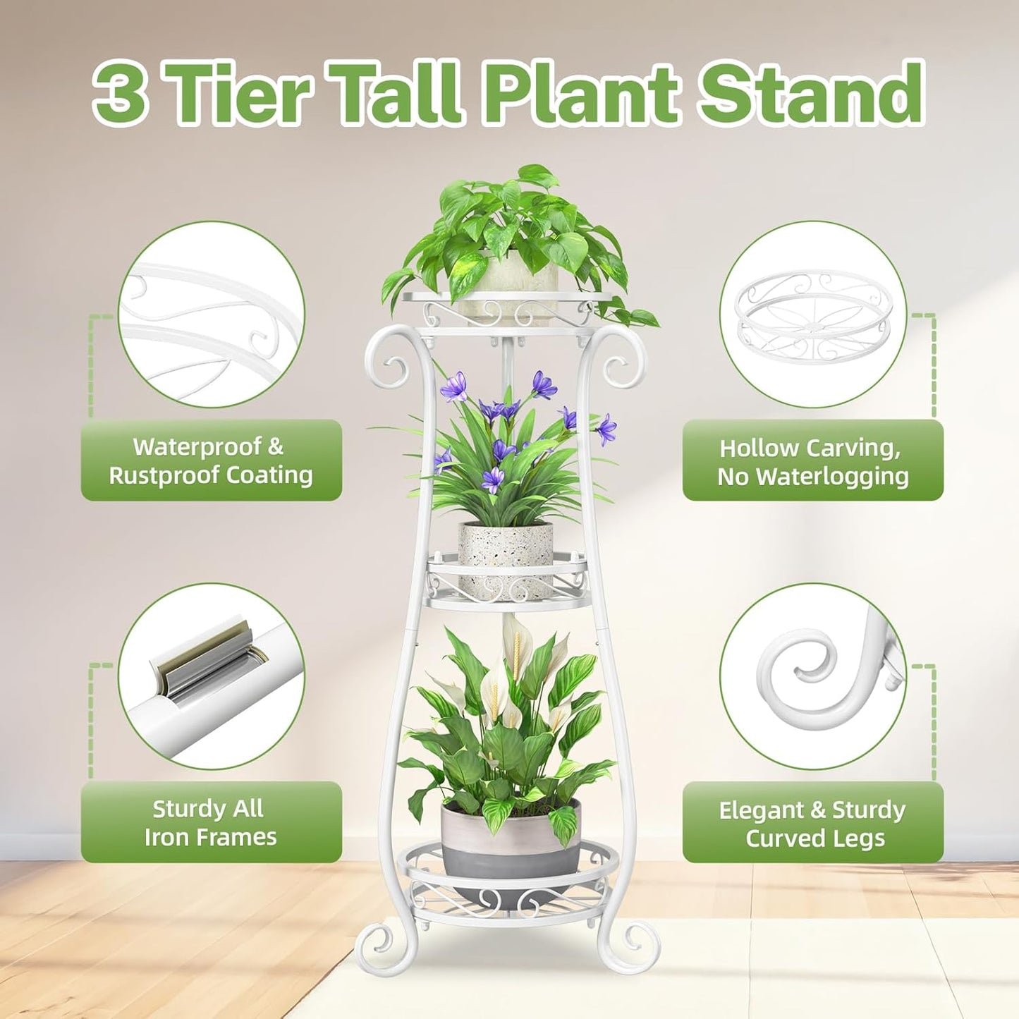 iDavosic.ly 3 Tier Metal Plant Stand Indoor Outdoor, Wrought Iron Corner Tall Flower Pot Holder Shelf, 34 Inch Vertical Heavy Duty Display Rack for Patio Porch Living Room Garden, White