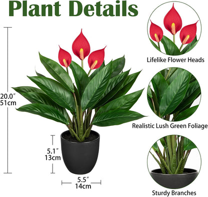 20'' Realistic Red Anthurium Artificial Potted Plant, Fake Flowers for Home Office Farmhouse Kitchen Bathroom Table Shelf Decor